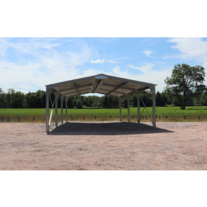 Abri bi-pente en kit - 6x15x3,35m - 90m² - D’une surface de 90m², ce carport métallique est idéal pour la protection de vos véhicules et outils ou pour une solution d’abri de jardin. 