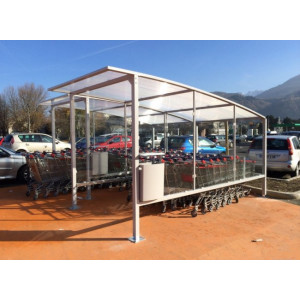 Abri chariot courbe en acier galvanisé - Toiture en polycarbonate anti UV, paroi en vitrage trempé