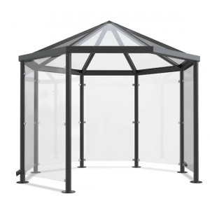 https://www.techni-contact.site/ressources/images/produits/merchandising/abri-fumeur-hexagonal-en-verre-32577412-1.jpg - Structure en d'acier - Toit et cotés en verre - Dimensions : Ø.3300 x H.3100 mm