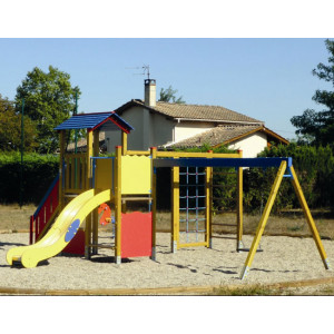 Aire de jeux enfant avec Toboggan à 2 tours - Dimensions : de 3 ,00 x 3 ,00 x 2,85 m à 5,40 x 6,40 x 2,85 m