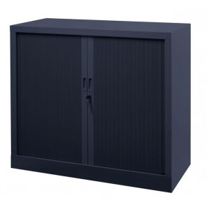 Armoire basse anthracite avec portes coulissantes à rideaux - Armoire de rangement 2 tablettes pour dossiers suspendus 