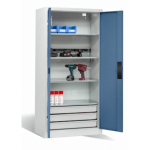 Armoire de recharge de batteries d'outils - Acier avec revêtement par émaillage - Dimensions : H.1950 x L.930 x P.500 mm - Portes en tôle pleine ou avec vitres transparentes