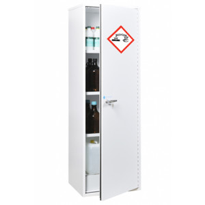 Armoire de sécurité étroite et haute adaptée produits chimiques - 1 bac de rétention de 28 L - 3 étagères x 6 L de rétention - Haute résistance chimique