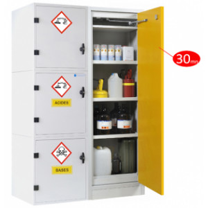 Armoire de sécurité pour acides et bases avec module coupe-feu 30 mn - Stockage sécurisé de 4 modules indépendants : bases, acides, inflammables, toxiques - Poids 252 kg - Volume de stockage 225 L