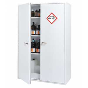 Armoire de sécurité pour corrosifs - 180 ht x 120 larg x 52 prof cm - Volume stockage : 250L - Armoires en double paroi isolée pour acides, bases et corrosifs - Fermeture automatique et clapet coupe-feu