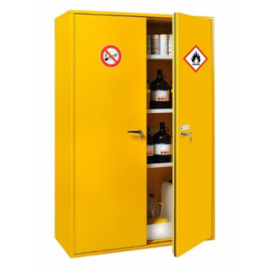 Armoire de sécurité pour produits inflammables double paroi avec rétention et fermeture automatique - Armoire double paroi  d'1 porte avec étagères et bac de rétention - Volume de stockage 70L - Rétention totale 40L