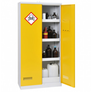 Armoire de stockage : simple paroi avec rétention 122 L - Armoire sécurisée 2 portes - 3 étagères x 25L - 1 bac de rétention x 47L - multiples produits