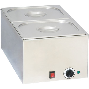 Bain-Marie 2 x GN 1/2 - Capacité : GN 1/1 - 150 mm de profondeur- Puissance : 1200 W- Dim ( L x P x H )  : 338 x 540 x  248 mm