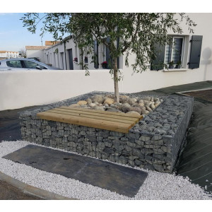 Banc tour arbre gabion - Assise bois en Pin CLIV ou Robinier sur entourage gabion