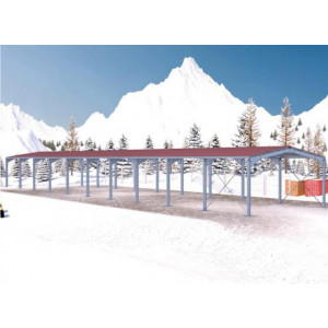 Bâtiment galvanisé 480m² renforcé pour implantation en montagne (650m d'altitude) - 9,6x50x5m - Avec sa structure renforcée et sa forte pente en toiture, ce bâtiment de 480m² est calculé pour une implantation de 400m à 650m d'altitude.