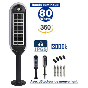 Borne LED solaires verticale Dernière génération - Borne LED solaire verticale – Dernière génération - Série STAND UP - Rendu lumineux 80 Watts - Angle 360° - IP65 – 70 x 15 x 9 cm – Panneau solaire double face - Avec détecteur de mouvement 