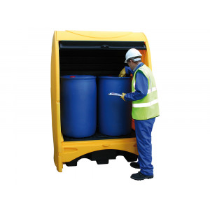 https://www.techni-contact.site/ressources/images/produits/merchandising/box-de-stockage-avec-rideau-coulissant-2-futs-250-l-63111152-1.jpg - Capacité : 250 Litres - Double paroi avec rideau coulissant - Passage de fourches