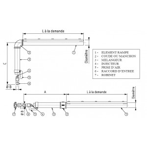 Brûleur Industriel Rampe 15 à 30 Kw - Puissance : 15  à 30 KW par metre linéaire - Arche de remission - Diamètre : 34 à 60