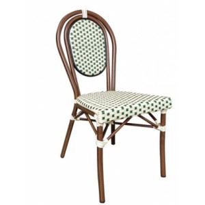 Chaise de terrasse empilable crème et verte - Dimensions : 44 x 56 x 91 cm - Structure  aluminium - Dos et assise imitation rotin synthétique 