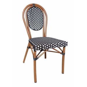 Chaise de terrasse empilable noire et blanche - Dimensions : 44 x 56 x 91 cm - Structure  aluminium - Dos et assise imitation rotin synthétique 
