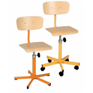 Chaise scolaire informatique réglable par vérins à gaz - Assise réglable de 42 à 60 cm - Assise et dossier en hêtre - sur patins ou roulettes  