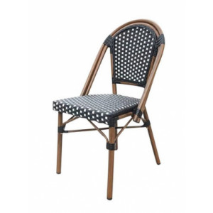 Chaise tressée bicolore noir et blanc pour terrasse - Dimensions : 46 x 57 x 88 cm - Structure tube aluminium - Dos et assise imitation rotin synthétique