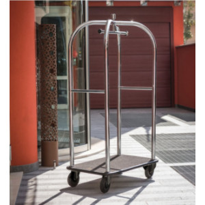 Chariot à bagage pour hôtel - Dimensions plateau : 60 x 97 cm - structure tube Ø 4,5 cm - Métal chromé ou doré