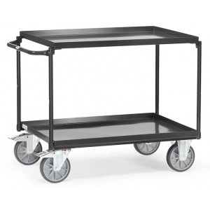 https://www.techni-contact.site/ressources/images/produits/merchandising/chariot-a-plateaux-toles-avec-rebord-72347632-1.jpg - Charge : 400 Kg - 2 plateaux étanches en tôle d'acier - Dossier de poussée horizontal