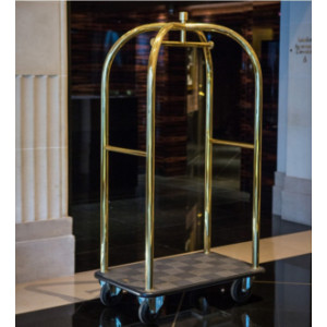 Chariot bagages premium pour hôtel - Dimensions plateau : 60 x 79 cm - Structure en laiton poli ou en acier - Finition brillante ou satinée