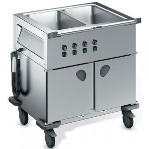 https://www.techni-contact.site/ressources/images/produits/merchandising/chariot-bain-marie-chaud-2-cuves-poignes-sur-le-cote-53244177-1.jpg - Acier inoxydable - 2 cuves simples et 2 compartiments d’armoire - Puissance : 1,9 kW