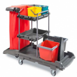 Chariot de ménage lavage multiusage en PP/acier - 2 bacs plastique, 4 seaux, support-presse, 2 fixe-manche