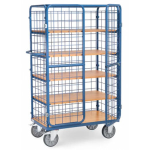 https://www.techni-contact.site/ressources/images/produits/merchandising/chariot-grillage-haut-a-portes-battantes-23531781-1.jpg - Capacité de charge : 600 kg - 5 étagères - Roues Ø 200 mm à bandage TPE - Hauteur : 1800 mm