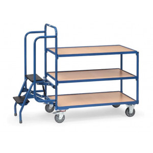 https://www.techni-contact.site/ressources/images/produits/merchandising/chariot-preparateur-de-commandes-avec-marchepied-41915521-1.jpg - Charge : 250 Kg - Roue : Ø 125 x 32 mm - 3 ou 4 plateaux fixes en mélaminé