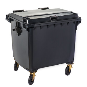 Conteneur 4 roues 1100 L - Capacité : 1100 litres - Dimensions (LxPxH) : 1370 x 1118 x 1295 mm - Matière : Polyéthylène haute densité