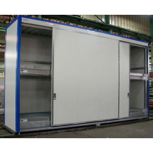 Conteneur de stockage isolé pour 32 fûts, 2 niveaux  Longueur 6 m Rétention 4000L - Conteneur de stockage 6 m - avec isolation - 2 grandes portes coulissantes (2 x 3 m) - Armoire 2 niveaux - Pour produits chimiques et dangereux