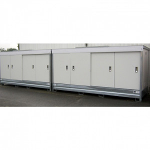 Conteneur de stockage DMS - 4 m de long - avec isolation - Rétention 1500 L - Conteneur de stockage isolé de 4 m - Portes coulissantes (4 vantaux de 1 m) - Stockage 4 palettes  800 x 1200 mm