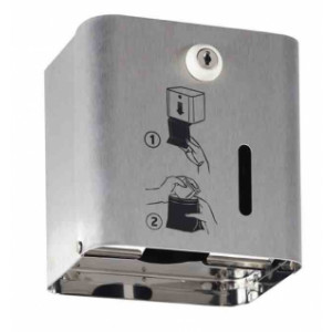 https://www.techni-contact.site/ressources/images/produits/merchandising/distributeur-de-sachets-periodiques-inox-brosse-axos-39157317-1.jpg - Capacité : 200 sachets - Dimensions : 135 x 115 x 135 mm - Inox brossé