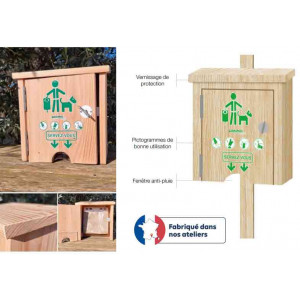 https://www.techni-contact.site/ressources/images/produits/merchandising/distributeur-papier-biodegradables-pour-dejections-canines-150-sachets-32472174-1.jpg - Capacité : 150 sachets - Dimensions (L x H x P) : 295 x 330 x 165 mm – En bois