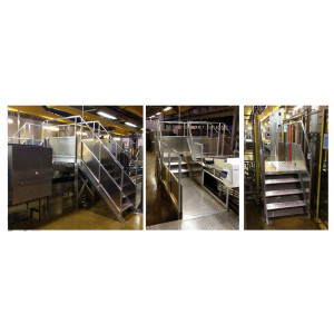 Escalier à palier double accès pour passage de convoyeur - Structure en profils d'aluminium - Le tout vissé au sol