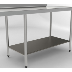 Etagère basse sur mesure - Matière :inox AISI 304- Stockage produits lessiviels - Passage sous étagère pleine : 200 mm - Longueur table : 1250 à 1450 mm