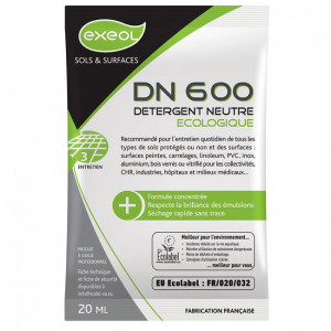 EXEOL Détergent Sol neutre DN600 ECOLABEL 200 doses x 20ml - Seau de 200 doses de détergent neutre pour tous types de sols