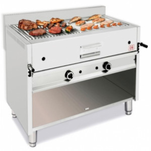 Grill à pierre de lave professionnel avec meuble ouvert - Débit calorifique : 13  17.5-  26  Kw
- Dim ( L x  P x H) :  :1200 x 700 x 850 mm