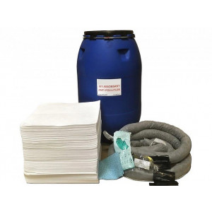 Kit d'intervention pour pollution d'hydrocarbures 250 L - Contient des feuilles absorbantes, boudins absorbants; des feuilles d'essuyage et ...