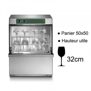 Lave verre professionnel à ouverture frontale - Panier carré de 500 x 500 mm - Hauteur utile de lavage : 320 mm