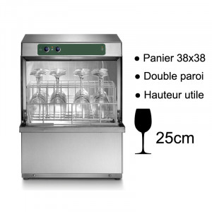 Lave-verre professionnel double paroi - Panier de 380 x 380 mm - Hauteur utile de lavage : 250 mm