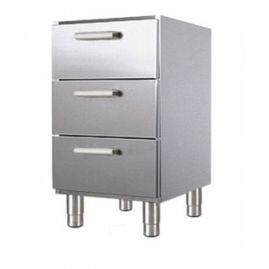 Meuble bas à trois tiroirs - Matière : inox AISI 304L - Dimensions (L x l x H)  : 450 x 605 x 860 mm - Sur roulettes et Sur pieds