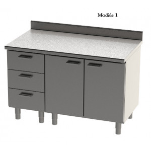 Meuble bas de cuisine composé - Matière: Inox - Dim (L x l x H):1350 x 750 x 900 mm - Sur pieds inox ou roulettes