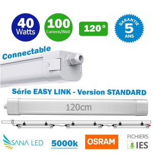 Réglettes LED étanches connectables - Réglettes LED étanches connectables - Série EASY-LINK - Version STANDARD - 40 Watts - 4000 Lumens - 100 Lumens/Watt - 122 x 7 x 6 cm - Angle 120° - IP65 - 5000k - Transformateur OSRAM - Garantie 5 ans     