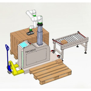 Palettiseur collaboratif mobile  - FREE PAL est un palettiseur compact et mobile,  éprouvé en milieu confiné, il suivra votre production pas à pas. Cette version collaborative et robuste permet une palettisation en toute sécurité. Arrêt instantané du robot au touché.