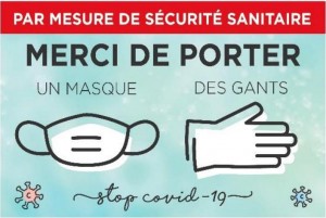 Pancarte port du masque et de gants COVID - 30 x 20 cm - Bandes adhésives - PVC 75 / 100ème