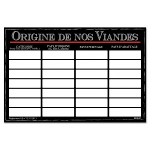 Panneau d'affichage origine de viande - Vendu à l'unité - PS 2 mm ou PVC blanc 75/100ème