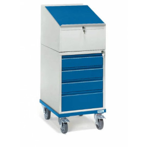 https://www.techni-contact.site/ressources/images/produits/merchandising/placard-roulant-a-ecritoire-avec-serrure-28189664-1.jpg - Charge 150 kg - 4 tiroirs et caisson écritoire - Ø roue : 125 mm