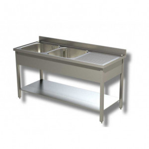 Plonge inox avec égouttoir et étagère - Construction : Inox 304-Dimensions : 1600x700x985(h) mm