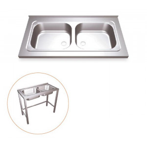 https://www.techni-contact.site/ressources/images/produits/merchandising/plonge-inox-sur-pied-double-bac-43845394-1.jpg - Acier inoxydable AISI 304 - Pieds ajustables - Cadre inférieur renforcé