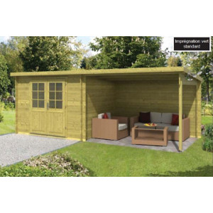 Pool house bois toit plat - En sapin imprégné - Épaisseur  : 28 mm - Dimensions : 300+298 x 250 cm